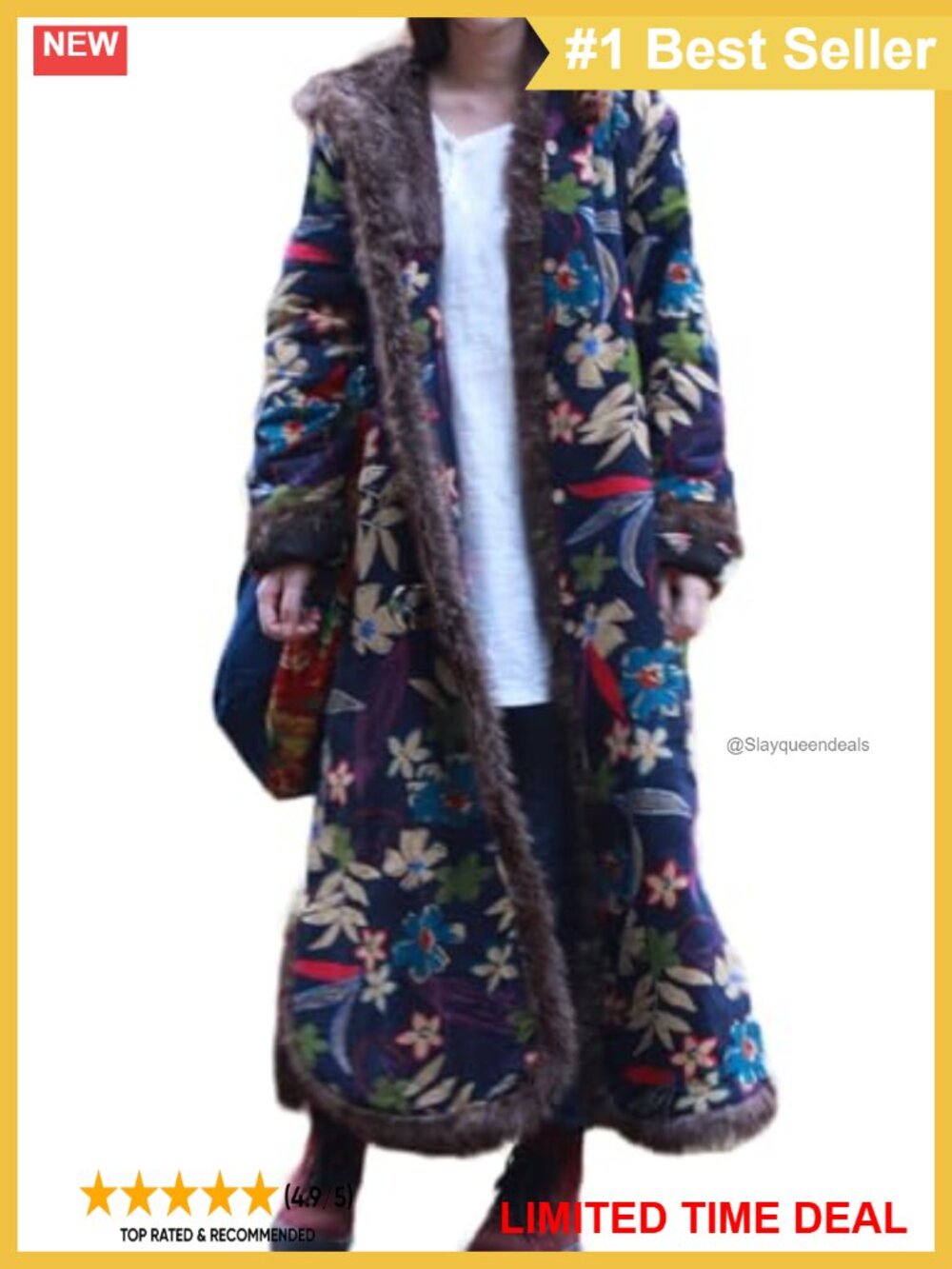 Womens Cotton Linen Floral Print Hooded Quilted Overcoat Winter Jacket